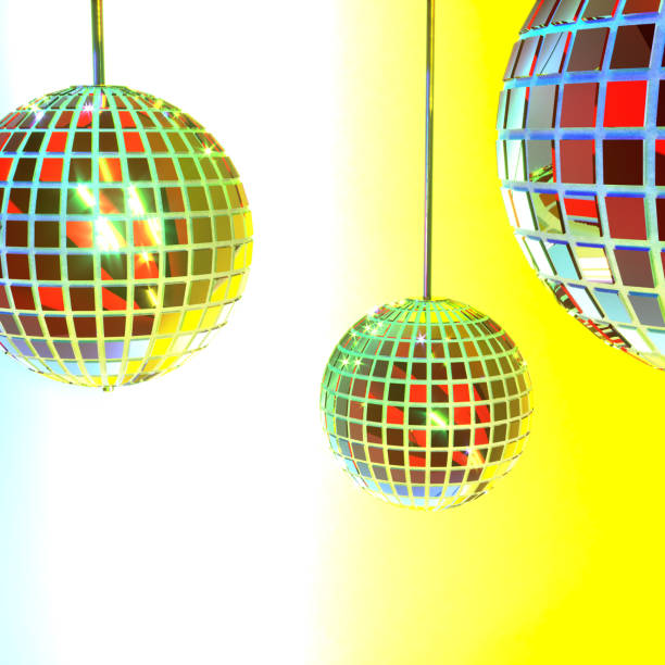 istock Three disco mirror balls on a gradient white-yellow background. Party accessories. Entertainment industry. 3d rendering. 1309314944