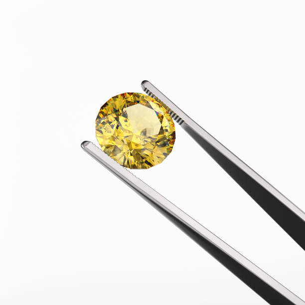 istock Tweezers holds a yellow sapphire. Object on a white background. Gemstone Industry. 3d rendering. 1309314953