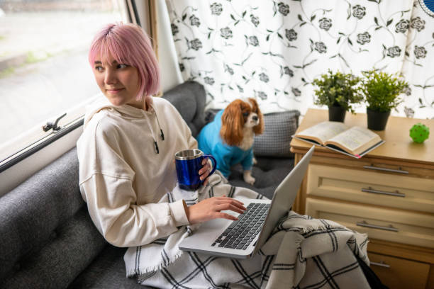 istock Pink haired young woman working from her caravan 1309315204