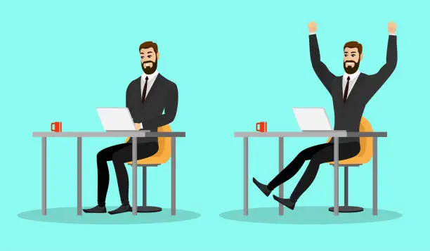 Vector illustration of Surprised and happy businessman at laptop. Business man success well done work concept. Male manager got promotion and raised hands up. Office employee received victory good news. Vector eps