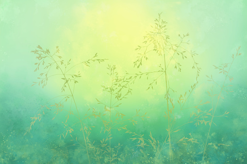 A dream-like ethereal summer landscape with grass reeds in the foreground and idyllic colors with watercolor splatters in yellow, green, turquoise blue, and pink, creating a cool relaxing environment landscape.