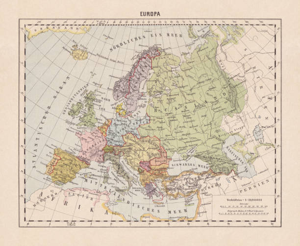 illustrazioni stock, clip art, cartoni animati e icone di tendenza di mappa politica dell'europa, litografia, pubblicata nel 1893 - grecia nazione