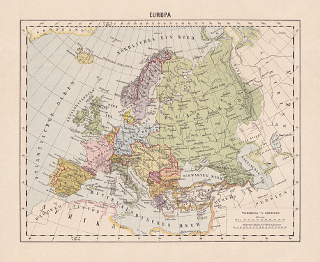 Political map of Europe. Descriptions in German. Lithograph, published in 1893.