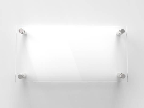 istock Blank Transparent Glass Interior Office Corporate Signage Plate Mock Up Template, Clear Printing Board For Branding, Logo. Transparent acrilic advertising signboard mock-up front view. 3D rendering 1309320902