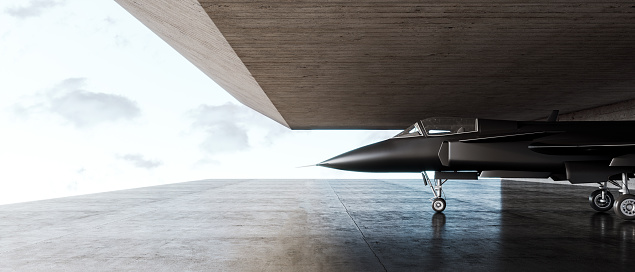 Jet fighter in concrete secret military war base ready to take off 3D Rendering, 3D Illustration