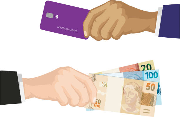 Purple credit card. Debit or credit, one hundred notes, fifty-twenty reais of Brazil Purple credit card. Debit or credit, banknotes of one hundred, fifty and twenty reais from brazil real symbol stock illustrations