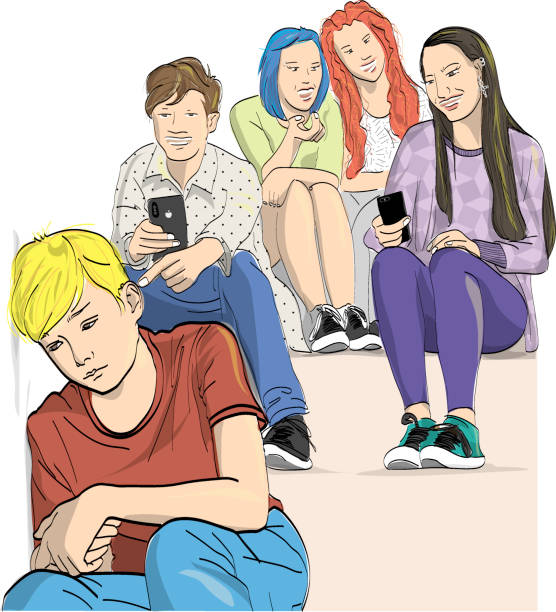 Most common types of bullying. A cornered boy being ridiculed at school by all his classmates. Laughing at a friend being filmed Most common types of bullying. A cornered boy being made fun of at school by all his classmates. Laughing at friend being filmed sad girl crouching stock illustrations