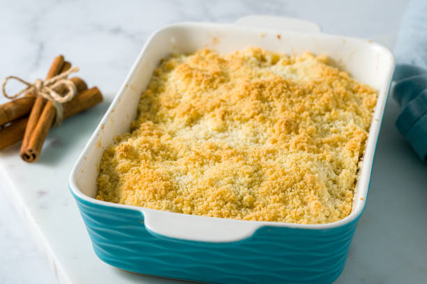 istock Apple and pear crumble, pie with streusel. Sweet dessert with stewed fruit. Side view, close up 1309324245