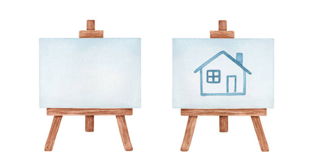 Set of two artists' wooden easels: blank one and with simple little house drawing. Handdrawn watercolour sketchy illustration, cutout clip art elements for creative design decoration, sticker, banner. Hand drawn watercolor illustration. kindergarten portfolio stock illustrations