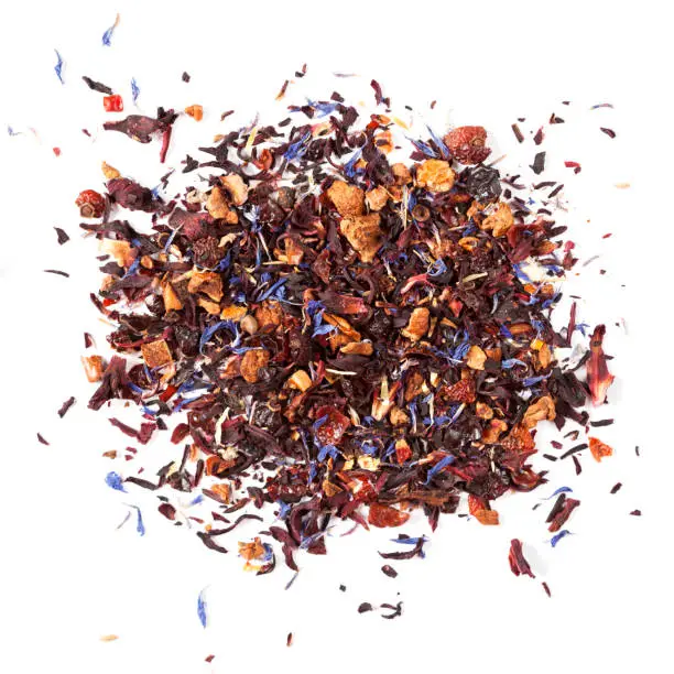 Black tea with various herbs and dried fruit.
