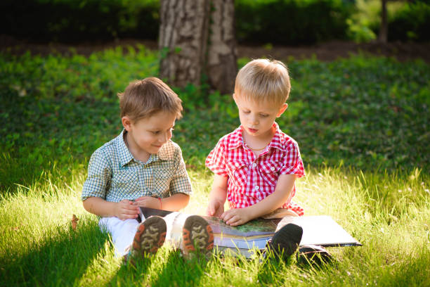 istock A pretty little boys reading a book on a green grass. 1309326920