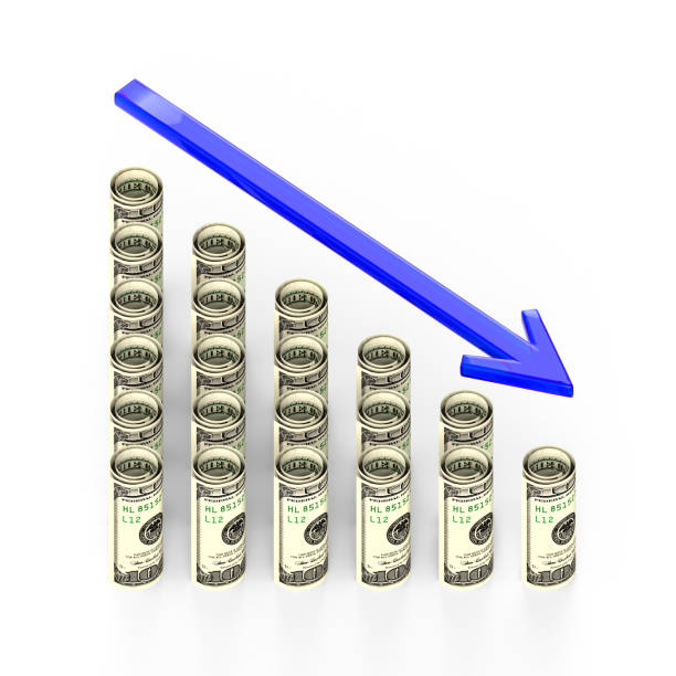 Financial fall chart on a white background. Rows in the form of rolled dollar bills. 3d illustration.