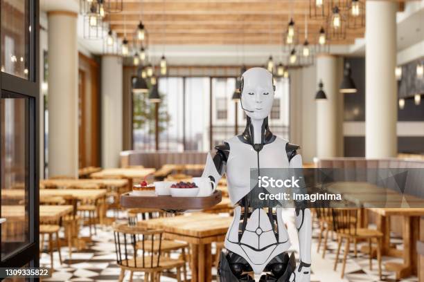Robot Waitress Serving In A Restaurant Stock Photo - Download Image Now - Robot, Restaurant, Waiter