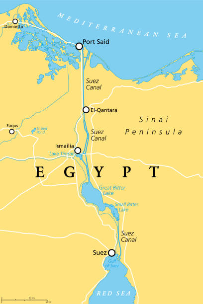 수에즈 운하, 이집트의 인공 해수면 수로, 정치지도 - gulf of suez stock illustrations