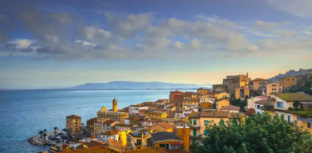 Porto Santo Stefano village, church and castle, italian travel destination. Monte Argentario, Tuscany, Italy.