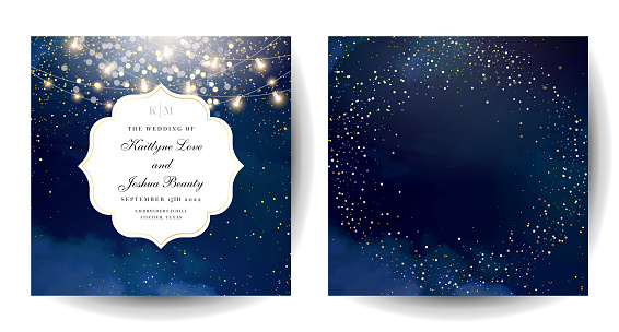 Magic night dark blue cards with sparkling glitter bokeh and line art. Curve shaped vector wedding invitation. Gold confetti and navy background. Golden scattered dust.Fairytale magic star templates