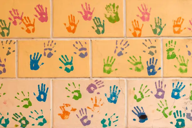 Photo of Background with a print of a bloody hands on a wall