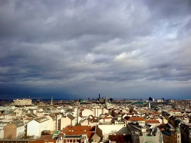 A storm is approaching Vienna, a beautiful view of the city with a dramatic sky.