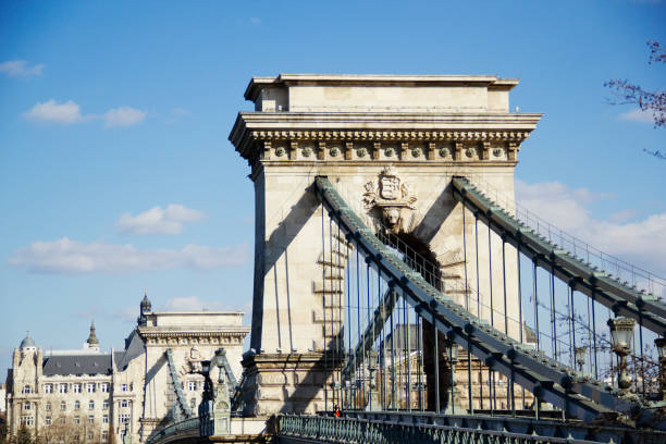 budapest széchenyi chain bridge danubio - budapest royal palace of buda architectural styles architecture foto e immagini stock