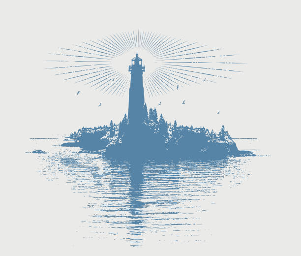 Lighthouse and island Lighthouse and island on Lake Superior beacon stock illustrations