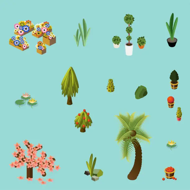 Vector illustration of Isometric Plants and Flowers