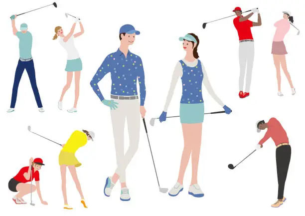 Vector illustration of Golfers Vector Flat Illustration Set Isolated On A White Background.