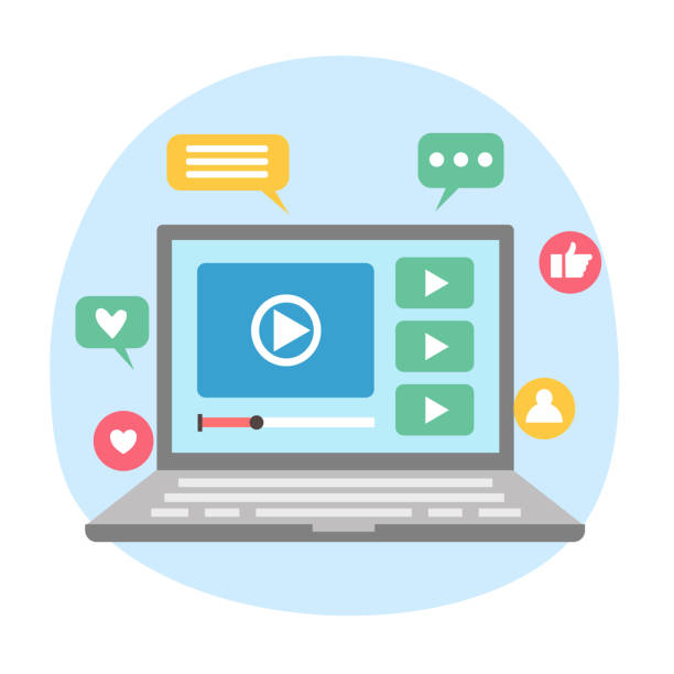 istock Video content and video marketing on laptop computer in flat design. Social media sharing. 1309357080