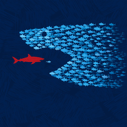 School of little blue fishes come together and join forces to overpower red shark.
