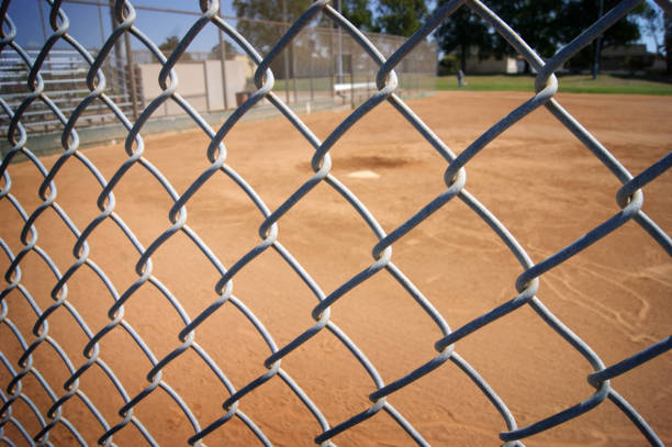Sports field Baseball and softball field behind fence baseball cage stock pictures, royalty-free photos & images