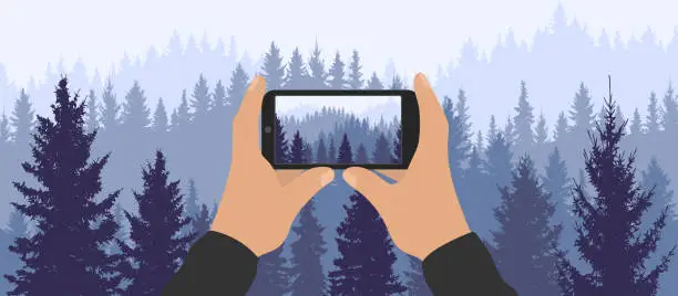 Vector illustration of Human hands holding phone and taking photo of silhouette of forest. Vector illustration