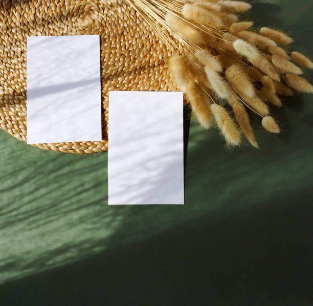 istock Blank sheets of paper for text  and dry fluffy grass with sunlight shadow on green background. Greeting card mockup with copy space.Flat lay, top view 1309367688
