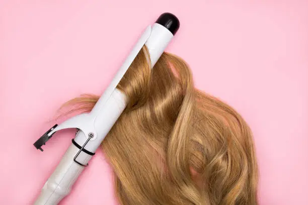 Curling blonde hair on a large diameter curling iron on a pink background. Hair health concept, damage by hot hair styling. High quality photo
