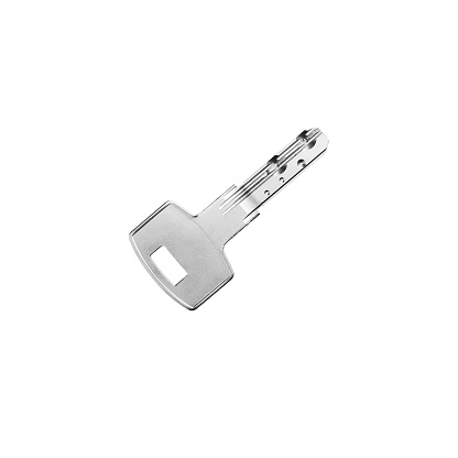 House door lock key on white background isolated close up, single silver metal key, one steel key, home safety concept, design element