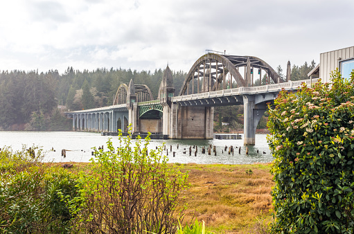 Siuslaw river bridge in Florence, Oregon. Opened in 1936. Has four Art Deco-style obelisks