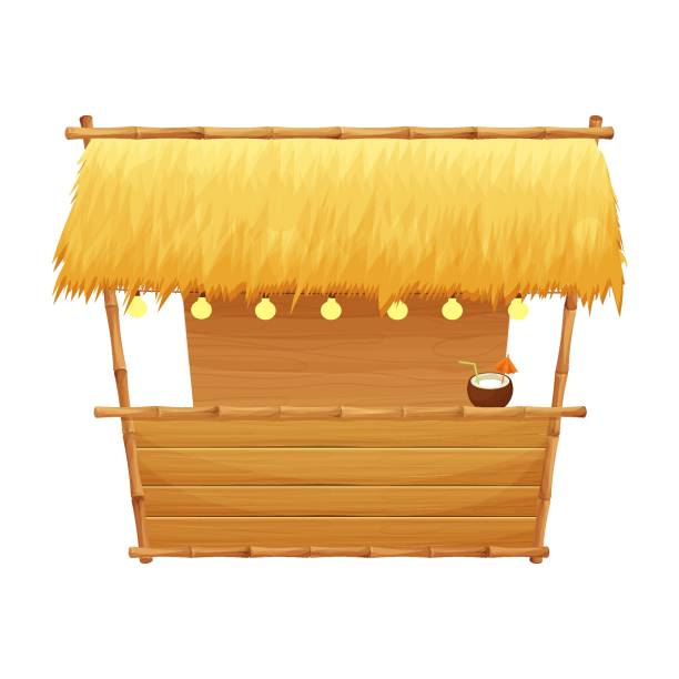 Summer beach bar tiki in cartoon style isolated on white background stock vector illustration. Retro, simple building with bamboo and wooden details. Summertime, vacation element. Summer beach bar tiki in cartoon style isolated on white background stock vector illustration. Retro, simple building with bamboo and wooden details. Summertime, vacation element. hut stock illustrations