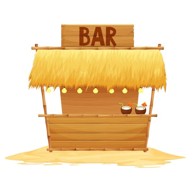 ilustraciones, imágenes clip art, dibujos animados e iconos de stock de bar de playa de verano tiki en estilo de dibujos animados aislado en la ilustración vectorial de fondo blanco. edificio retro y sencillo con detalles de bambú y madera. verano, elemento de vacaciones. - thatched roof