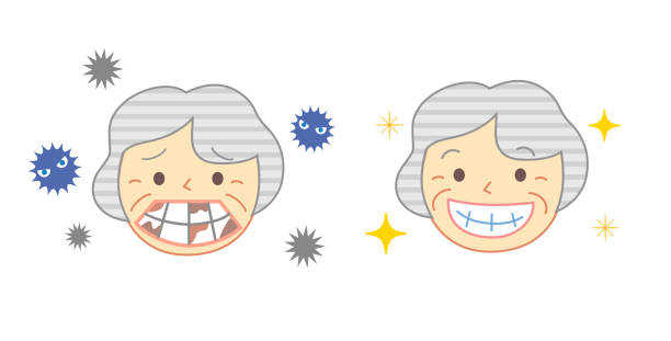 Elderly person and Toothpaste: Dental Illustration Elderly person and Caries bad smell: Dental Illustration mature woman healthy eating stock illustrations
