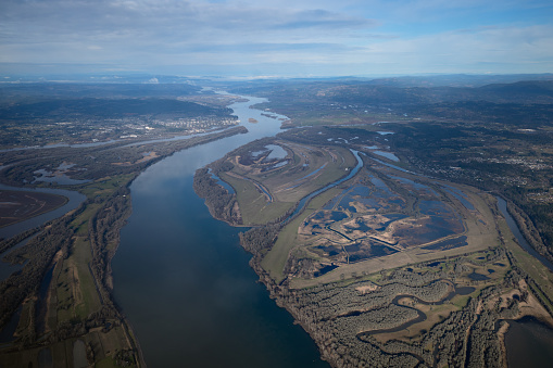 Aerial view of the Columbia River in Western Oregon and Washington
