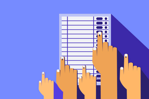 A group of hands casting vote in Electronic voting machine vector art illustration