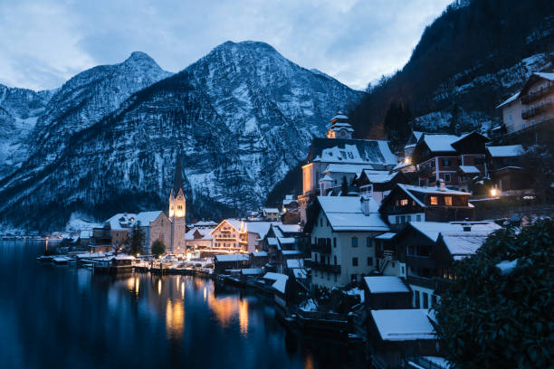 istock Hallstatt Cityscape on a Winter Evening Covered with Snow 1309377971