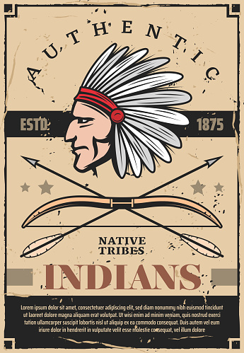 Native indians tribe chief with feather headdress, arrows and bow. Indigenous American warrior archer head vintage poster, indians history vector theme