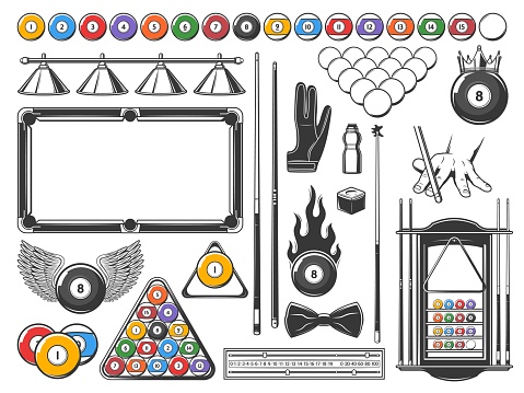 Billiards game equipment and accessories icons set. Winged billiard ball, cues and table, rack, glove and bow tie, cue shaper and chalk, scoreboard, mechanical bridge and club lamps, shelf vector