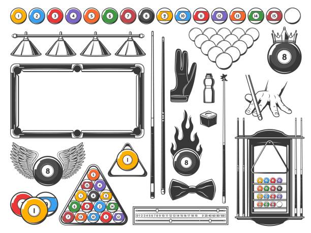 Billiards game equipment and accessories icons set Billiards game equipment and accessories icons set. Winged billiard ball, cues and table, rack, glove and bow tie, cue shaper and chalk, scoreboard, mechanical bridge and club lamps, shelf vector pool ball stock illustrations