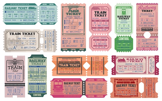 Railway and train retro tickets, admits vector templates set. Intercity train trip admission, railway station paper tickets with old locomotives wagons, vintage typography and controller perforation