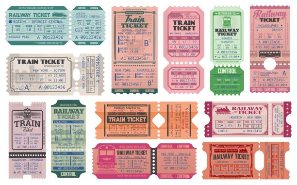 Railway and train retro tickets, admits vector Railway and train retro tickets, admits vector templates set. Intercity train trip admission, railway station paper tickets with old locomotives wagons, vintage typography and controller perforation ticket stub stock illustrations
