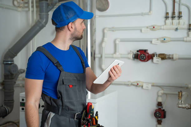 istock Young worker in a protective suit uses a tablet while checking the boiler equipment in the house 1309385226