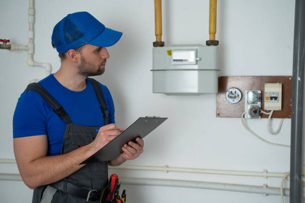 istock Man in uniform writes down the gas meter reading in a notebook 1309385807