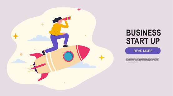 Businesswoman flying on a rocket to his target. Startup concept banner, career growth, business development, educational process, landing web page.