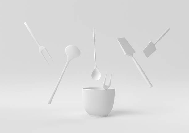 White Kitchen utensils and baking ingredients floating in white background. minimal concept idea creative. monochrome. 3D render.
