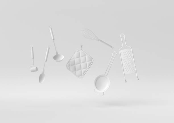 White Cooking utensils floating in white background. minimal concept idea creative. monochrome. 3D render.
